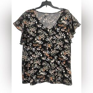Black Floral V-neck Blouse 3X